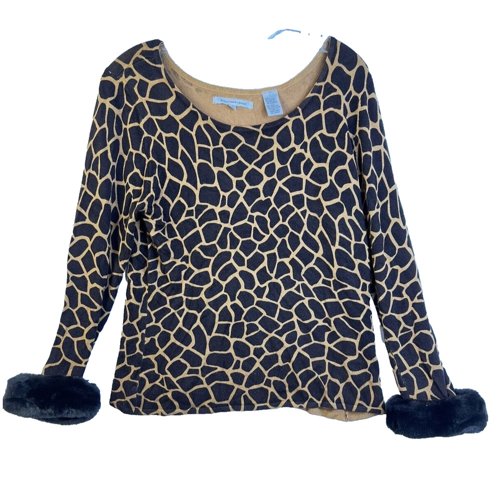 Ballinger Gold Animal Print Sweater Women's Large Giraffe Faux Fur Cuff Mob Wife